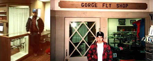 Albert Duddles standing by his handmade fly rod case, Travis Duddles standing under The Gorge Fly Shop Sign made by his younger brother Scott.