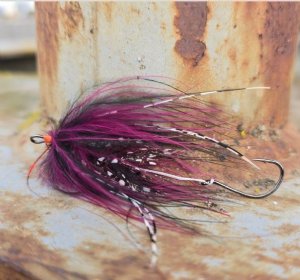 Hoh Bo Spey steelhead fly in Wine (burgundy/black) with sparse marabou and flash - metal scene